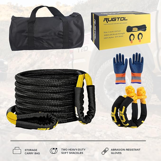Kinetic Recovery Rope, 1 inch x 30 Feet Heavy Duty Kinetic Tow Ropes with 2Pcs Soft Shackles 30864 LBS Break Strength, Snatch Towing Strap Rope Kit for Offroad Vehicle Truck ATV UTV Car Tractor