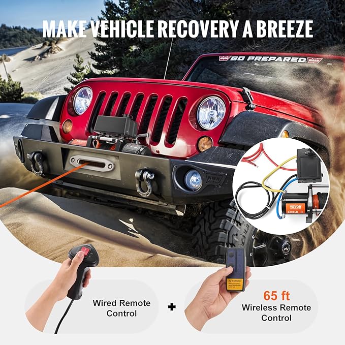 VEVOR Electric Winch, 6000 lb Truck Trailer Winch, 12V DC 1/4 in x 55 ft Synthetic Rope Aluminum Fairlead Wireless & Wired Remote Control, IP55 Waterproof Towing for Off Road SUV ATV UTV Jeep Boat