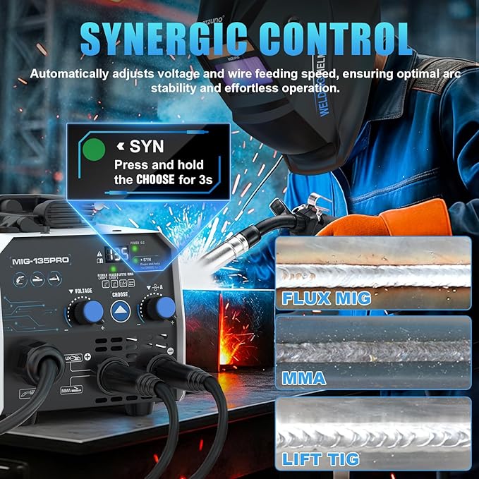 AZZUNO 135A MIG Welder Machine 110V, 3 in 1 Welder with Flux Core Gasless MIG/Lift TIG/Stick Welding Machine with Auto Darkening Welding Helmet, Portable Wire Feed Welder