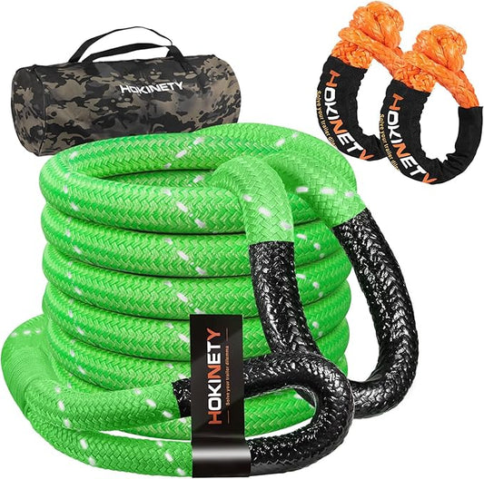Kinetic Recovery Tow Rope: 1.26" x 30ft Reflective Snatch Strap with Soft Shackles Heavy Duty Offroad Towing Straps Kit for Trucks SUV UTV ATV Tractor Car Jeep - Neon Green