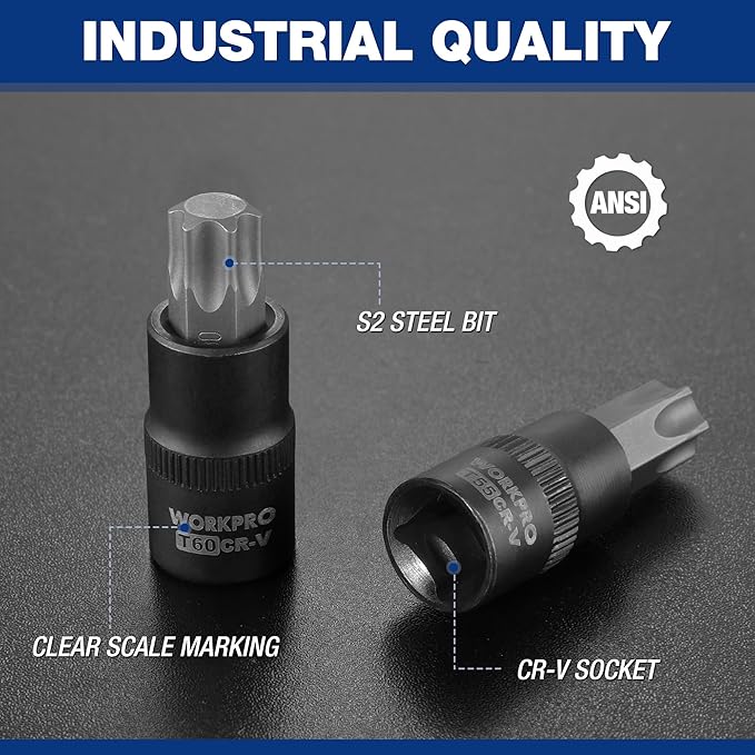 WORKPRO 25-Piece Torx Bit Socket Set, 1/4", 3/8", 1/2" Drive, E4-E22, T8-T60 Female & Torx Socket Set, CR-V & S2 Alloy Steel