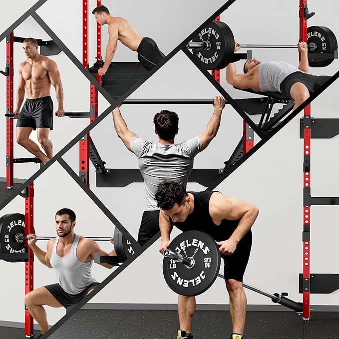 Folding Squat Rack, Wall Mounted Power Rack for Home Gym, Space Saving Multi-Functional Power Cage with Attachments