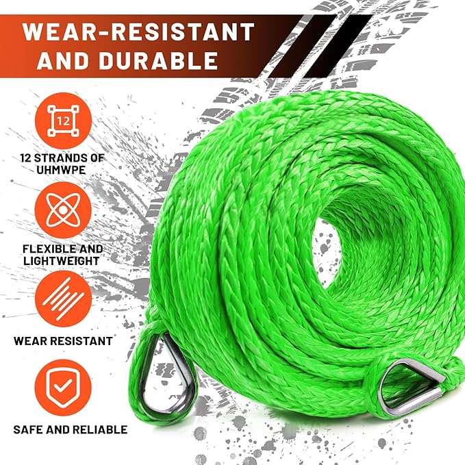 Winch Rope Extension, 3/8'' x 50ft 27,000Lbs Synthetic Winch Extension Rope, Winch Extension Line for Off Road Vehicle ATV UTV SUV Jeep (Green)