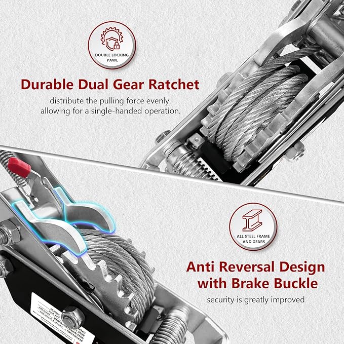 Come Along Winch,4T Capacity with 10FT Steel Cable,Heavy Duty Ratchet Power Puller Tool with Dual Gears,3 Hooks,Hand Winch Tool for Road Vehicle Recovery and Pulling Tree