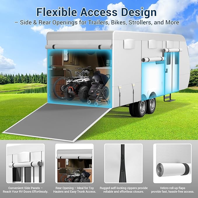 600D Oxford Fabric RV Cover 24-27ft Travel Trailer Cover, 6 Layers Waterproof Rip-Resistant Anti-UV Motorhome Camper Cover with Tongue Jack Protection, Tire Covers, Windproof Straps