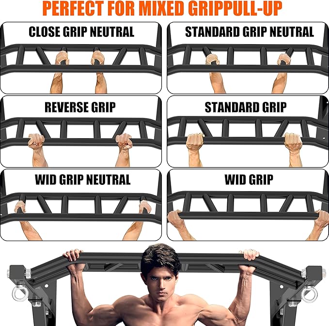 Upgraded-HWOOUSA Pull Up Bar Wall Mounted,Heavy Duty Multi Grip Bar with 14 Grip Positions,Space Saving Home Gym Equipment -Ideal for Garage,Outdoor Strength Training, Chin Up Bar,Supports to 600 Lbs