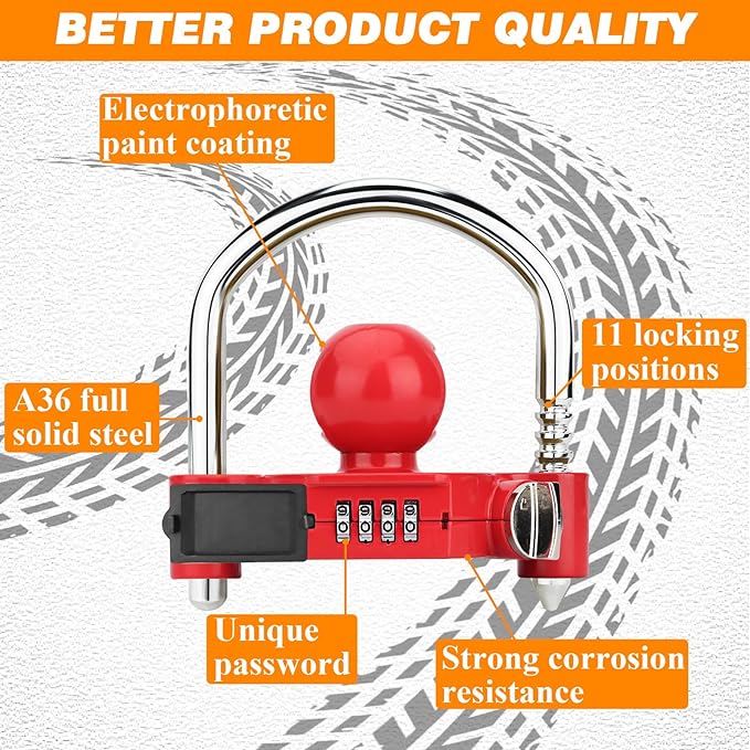 Funmit Trailer Lock Universal Hitch Lock with Combination Lock, fit 1-7/8", 2", 2-5/16" Coupler, Camper Accessories for Travel Trailers Boats Trucks Rvs Red