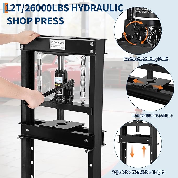 12 Ton H Frame Hydraulic Shop Press,Heavy Duty Garage Floor Press with Adjustable Height Stamping Plates,Built in Relief Valve for Bending Straightening Bearings u Joints Car Repair Professional Use