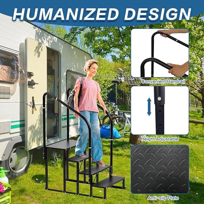 RV Steps With Handrail - 4-Step Stairs for Camper, Trailer, Mobile Home, Hot Tub, Outdoor Spa - Non-Slip Outdoor Stairs