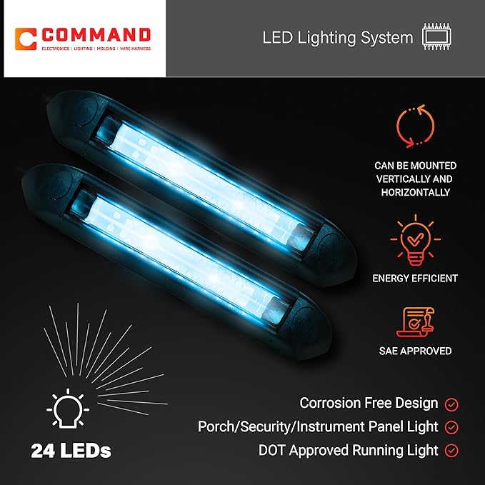 Command Electronics 12V LED Exterior Extruded Porch Light – Surface Mount Utility – IP67 Rating OEM RV, Camper, Bus, Truck, & Trailer – 8"x1.4"x1.4" – Black Case/Blue Light 2-Pack