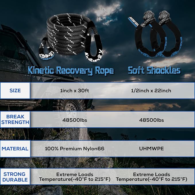 Kinetic Recovery Rope Kit (Reflective), 1in x 30ft 48,500Lbs, 35% High Elasticity, w/ 2 Soft Shackles, 16,166Lbs Work Load Limit for 4x4 Offroad Vehicle, Black