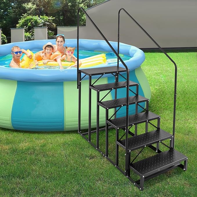 6-Step RV Steps with Handrail, Heavy Duty Carbon Steel Freestanding Outdoor Stairs for RV Camper Mobile Home Pool Hot Tub, Portable Staircase (6 Steps)