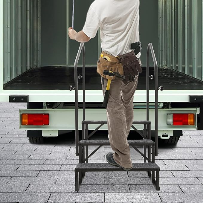 RV Steps with Handrail, 3-Step Stairs Steps, Upgrade RV Stair W/Non-Slip Mat, 450Lbs Mobile Home Stairs for RV, Travel Trailer, Camper Outdoor