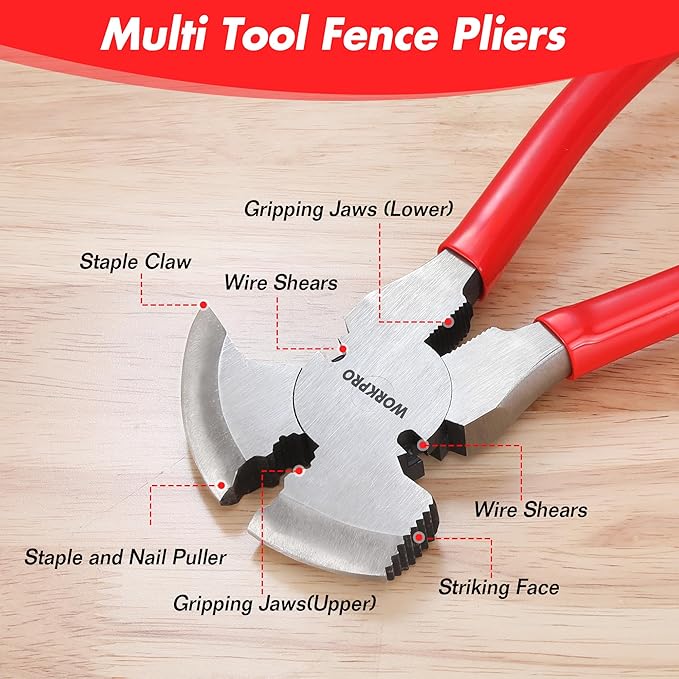 WORKPRO Fencing Pliers, 10-inch Multi Fence Pliers Tool, Heavy Duty Fencing Tools, Barbed Wire Fence Tools, Fence Cutter, Nail Puller, Staple Puller, Cutting Wire, Hammer Head