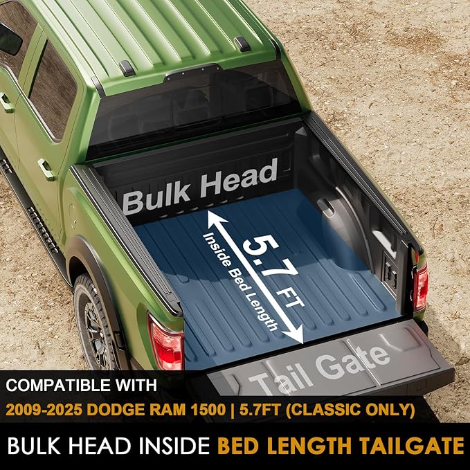 FRP Tonneau Cover Truck Bed for Dodge Ram 1500 09-18 Classic Only 19-25 5.7FT Bed (67.4"), Fully Folded Vertical Clearance Locking Drill-Free Install Waterproof Fiberglass Anti-Theft