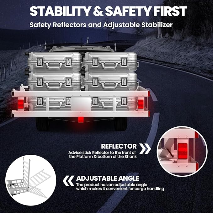 52 x 30 x 9 inch Aluminum Hitch Cargo Carrier, Trailer Cargo Carrier Mount with Adjustable Ramp, 2" Hitch Receiver, 1000lbs Capacity for Wheelchair SUV Truck Pickup Camping Cars