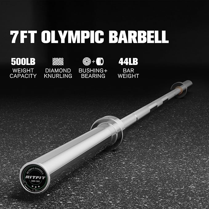 RITFIT 7FT Olympic Barbell for Strength and Weightlifting Training - 2 Inch Olympic Bar for Squat, Deadlift, Bench Press, Curl, Overhead Press - 500lbs/1000lbs/1500lbs Capacity