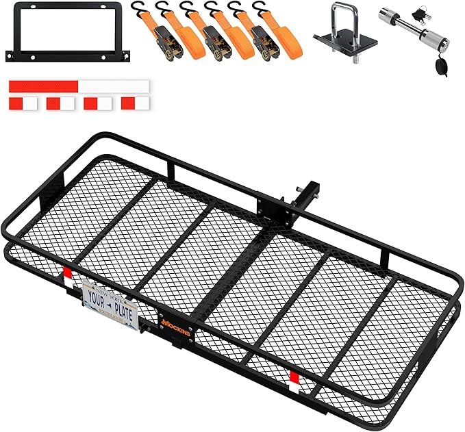 Mockins XXL 70"x30"x6" Folding Trailer Hitch Cargo Carrier | 500 Lbs. Cap Cargo Hitch Carrier Rack | Weatherproof Steel Luggage Rack for SUV, Car & Truck w/License Plate Holder, Stabilizer, & Straps