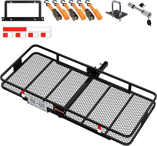 Mockins XXL 70"x30"x6" Folding Trailer Hitch Cargo Carrier | 500 Lbs. Cap Cargo Hitch Carrier Rack | Weatherproof Steel Luggage Rack for SUV, Car & Truck w/License Plate Holder, Stabilizer, & Straps