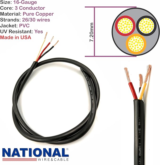 NATIONAL Wire & Cable – 16 AWG 3-Conductor Premium Copper Wire, 1000 ft, Stranded | Made in USA, Heavy-Duty Flexible Jacket | LED, Lights, DIY Projects, Low Voltage Wiring, Indoor and Outdoor Use