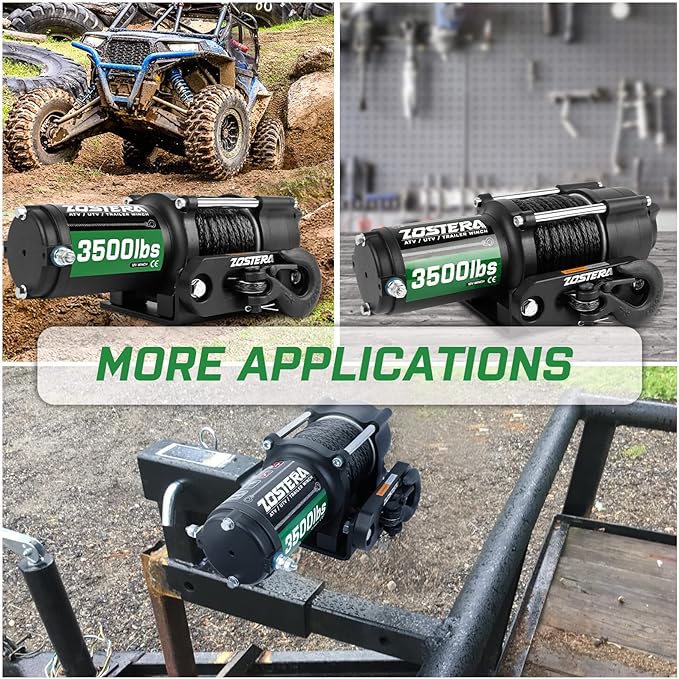 3500lbs ATV/UTV Winch with Synthetic Rope, Electric Boat Trailer Winch 12V, Waterproof Winch with 2 Wireless Remotes &Wired Switch,with Mounting Plate,Pulley,Rope Damper,Aluminium Fairlead