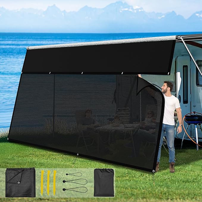 RV Awning Sun Shade Screen with Zipper 9' X 11'3",600D Oxford Cloth + Vinyl Mesh,Sunscreen Shade Complete Kits for Camper Trailer Awning,Black