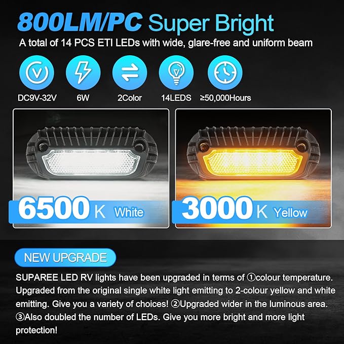 SUPAREE LED RV Porch Light, White Amber 12 Volt Exterior Light, 800 Lumen Black Lighting Fixture Kit Replacement for RVs Trailers Campers (2 Pieces)
