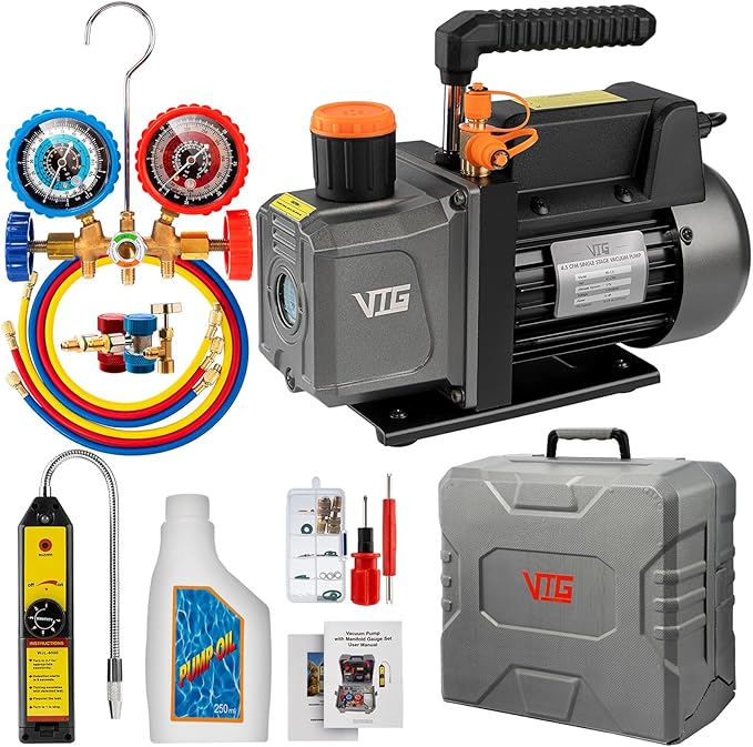 4.5 CFM AC Vacuum Pump and Gauge Set,for Mini Split/HVAC/Auto Systems,Manifold Gauge Kit Fits R134a R12 R22 R502,with Leak Detector,Upgraded Trifold Storage Case,3 Hoses,R134a Can Tap