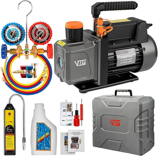 4.5 CFM AC Vacuum Pump and Gauge Set,for Mini Split/HVAC/Auto Systems,Manifold Gauge Kit Fits R134a R12 R22 R502,with Leak Detector,Upgraded Trifold Storage Case,3 Hoses,R134a Can Tap