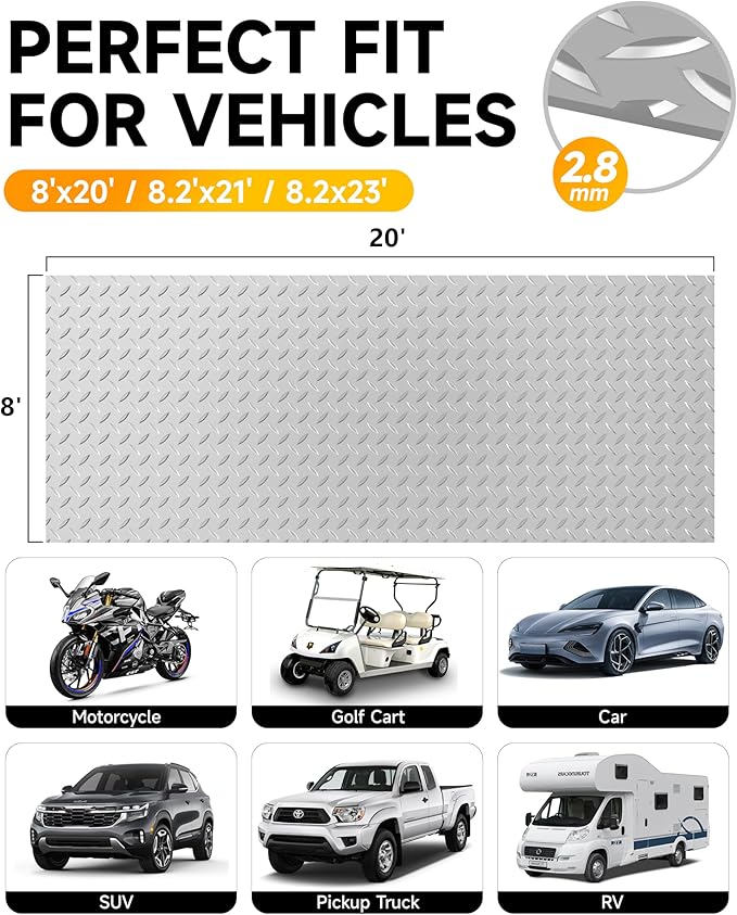 8x20 FT Garage Floor Mat, 2.8mm Thick Premium PVC Resin Flooring Roll | Heavy Duty & Durable | Diamond Plate Protector for Car, SUV, Pickup, Trailer, Gym & Basement (Silver)