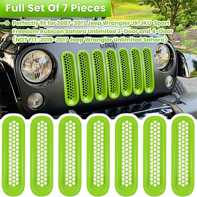 7PCS Front Grill Mesh Inserts for Jeep Wrangler JK JKU Unlimited 2007 2008 2009 2010 2011 2012 2013 2014 2015 2016 2017 2018 Grille Guard Cover Trim Clip-in Exterior Accessories (Matte Green)