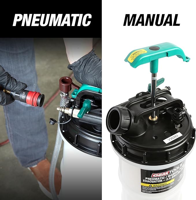 OEMTOOLS 24938 Pneumatic/Manual Fluid Extractor, 2.5 Gallon (9.5L) Oil Extractor Pump, for Coolant, Transmission, and Power Steering Fluid, 2 Dipstick Adapters, 5ft Hose