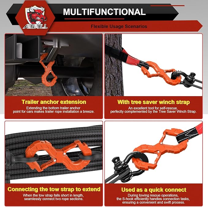 3/8 Tow Hook, Winch Hook for Off-Road Recovery, Towing Shackle 33000 Lbs, G80 Heavy Duty Strength Integrated Winch Quick Shackle, Orange