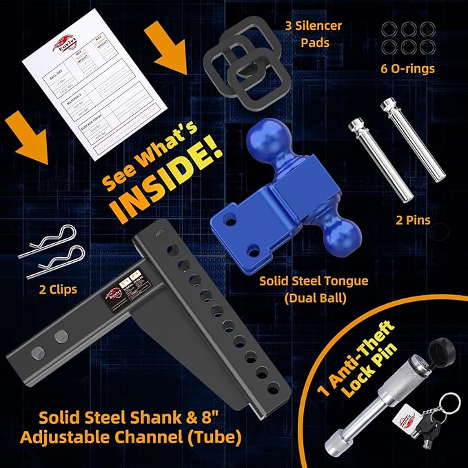 Adjustable Trailer Hitch -Drop Hitch (Fits 2-Inch Receiver) -8" Drop/Rise Tow Hitch, 2" & 2-5/16" Ball Hitches for Trucks -21,500 GTW Hitch Ball Mount with Anti-Theft Locking Hitch Pins