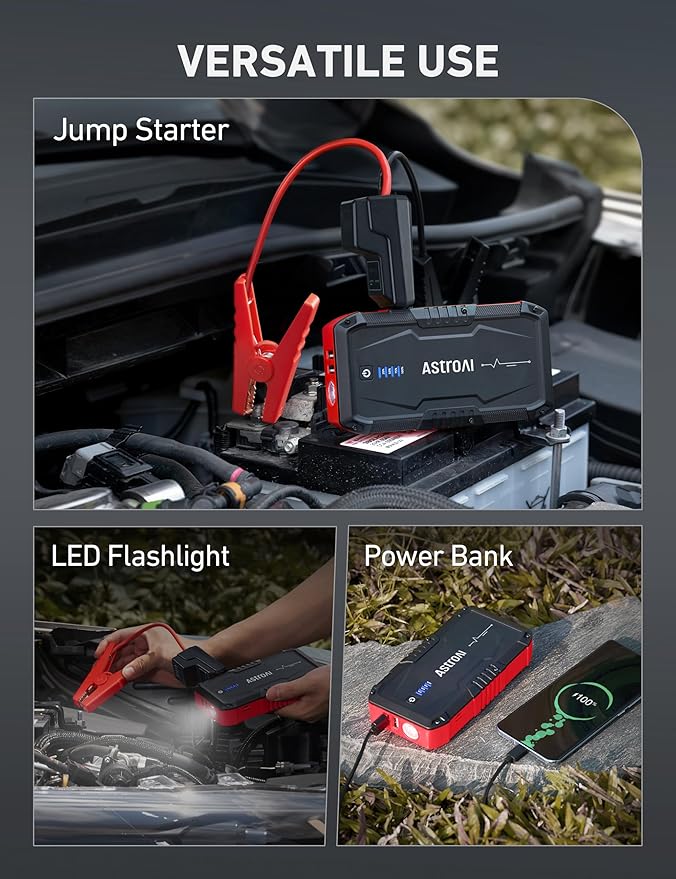 AstroAI S8 Car Battery Jump Starter, Car Jumper Starter Battery Pack for Up to 6.0L Gas & 3.0L Diesel Engines, 12V Portable Jump Box with 3 Modes Flashlight and Jumper Cable (Red)