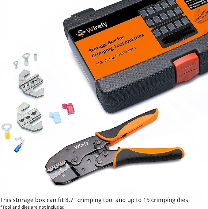 Wirefy Premium Storage Case for 8.7″ Crimping Tool & 15 Slots for Crimping Dies | Heavy-Duty Plastic Organizer with Individual Compartments for Electrical Terminals and Wire Connectors