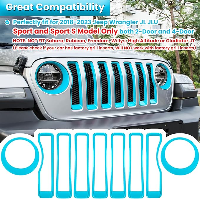 Front Grille Mesh Inserts & Headlight Cover for Jeep Wrangler JL JLU Sport & Sport S Only 2018-2023 Exterior Accessories Clip-in Grille Guard Cover Headlight Bezels Trim Ring (Light Blue 9PCS)