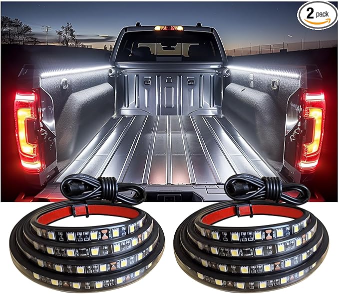 60Inch LED Truck Bed Lights, 2PCS White LED (Light Emitting Diode) Lighting Fixtures, Waterproof Truck Bed Lighting Bar Switch Fuse Splitter Cable for RV SUV Vans Cargo Boats