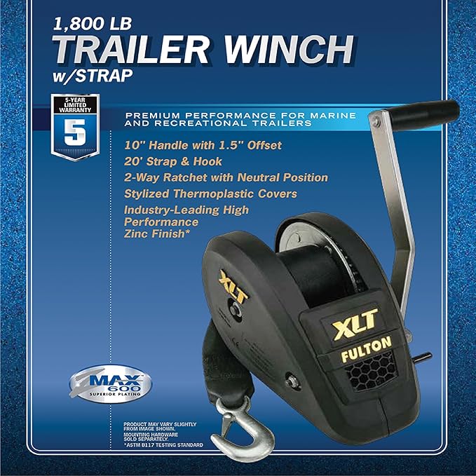 Fulton 142314 XLT Boat Trailer Winch with 20 Foot Winch Strap with Hook, 1,800 lbs. Capacity, Single-Speed Hand Crank Winch, Solid Drum Gear System