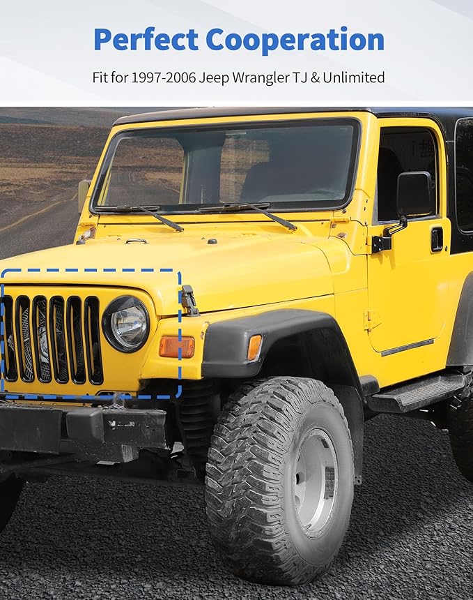 Front Grille Mesh Inserts & Angry Eyes Headlight Bezels Cover Trim Fit for 1997-2006 Jeep Wrangler TJ & Unlimited Exterior Accessories Clip-in Grille Guard Cover Headlight Bezels Trim Ring