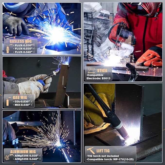 AZZUNO Aluminum MIG Welder 175Amp, 110V/220V Dual Vlotage 5 in 1 Gas MAG/Aluminum MIG/Gasless Flux Core Welder/Stick/Lift TIG Welding Machine, Wire Feed Welder Machine with Semi-enclosed Structure