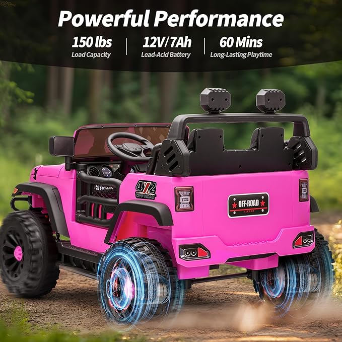 12V Electric Car Ride on Toy for Kids, 2 Seater Ride on Car for Kids Age 4-8 with Remote Control, Capacity 150lbs - Hot Pink