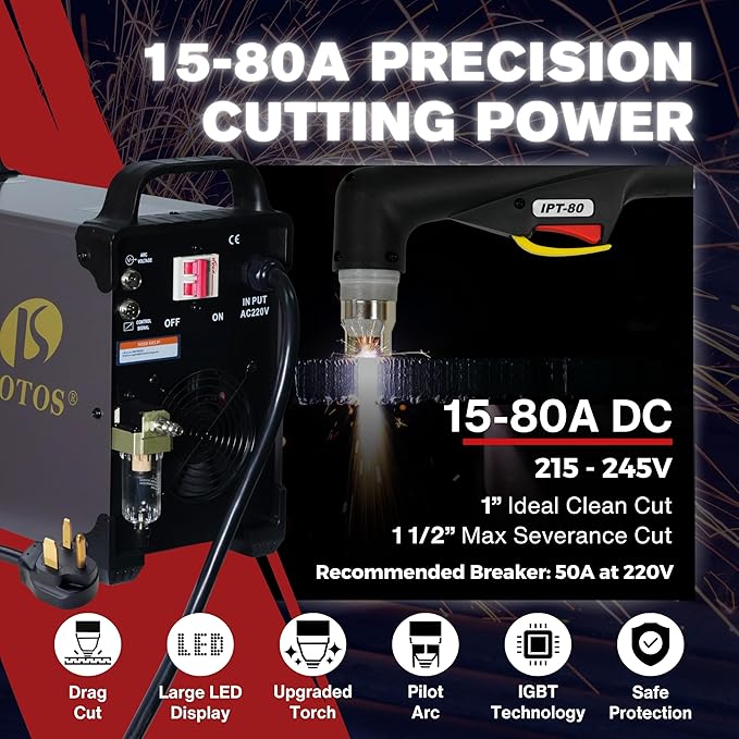 Series LTP8050 CNC | 80A Blowback Plasma Cutter, THC/ARC OK, Drag-Cut, 1" Clean (1.5" Sever), 220V, LED Display & Front Regulator, Air Filter for CNC Table