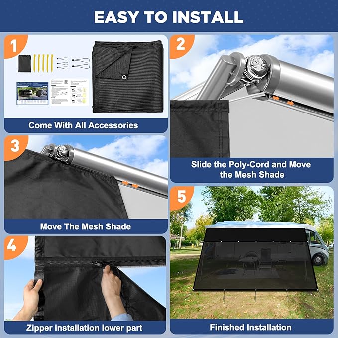 RV Awning Sun Shade Screen with Zipper 6' X 17'3",600D Oxford Cloth + Vinyl Mesh,Sunscreen Shade Complete Kits for Camper Trailer Awning,Black