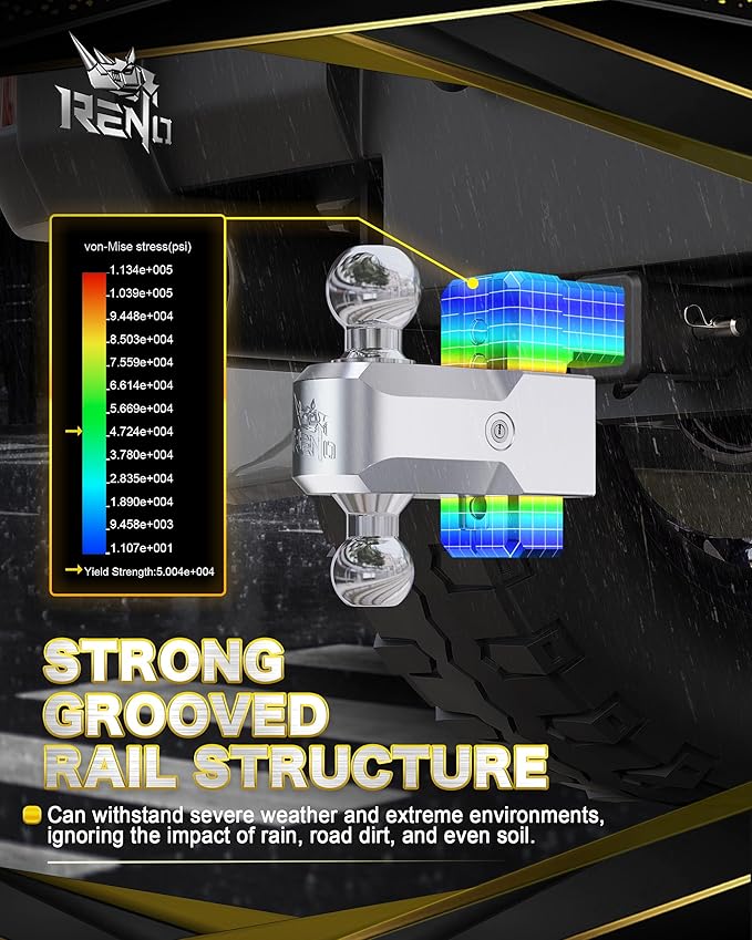 RENO Adjustable Trailer Hitch, Fits 2 inch Receiver Hitch 4" Rise/Drop Tow Hitch, Heavy Duty 2" & 2-5/16" Ball Hitches with 12,500 LBS GTW (1 Pack, Aluminum)