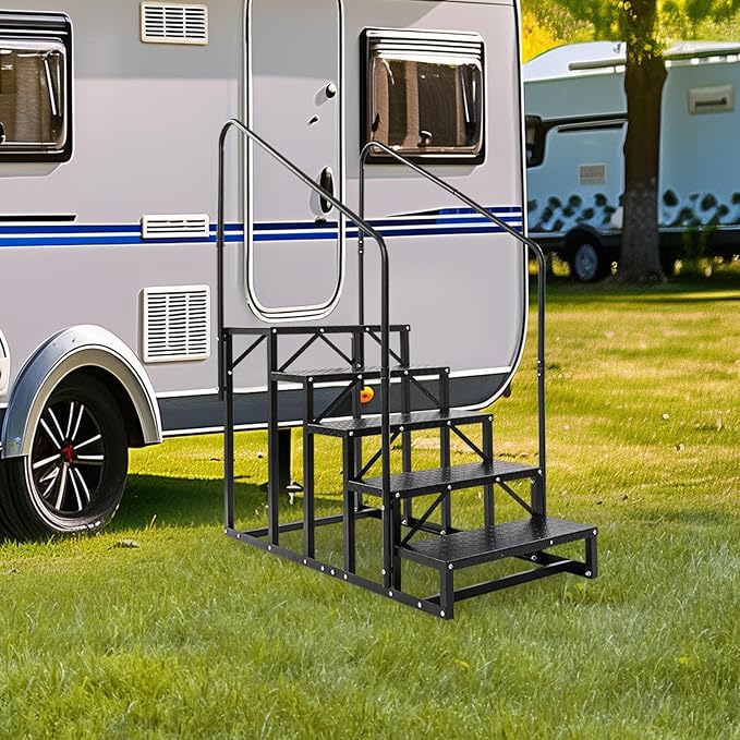 5-Step RV Steps with Handrail, Heavy Duty Carbon Steel Freestanding Outdoor Stairs for RV Camper Mobile Home Pool Hot Tub, Portable Staircase (5 Steps)