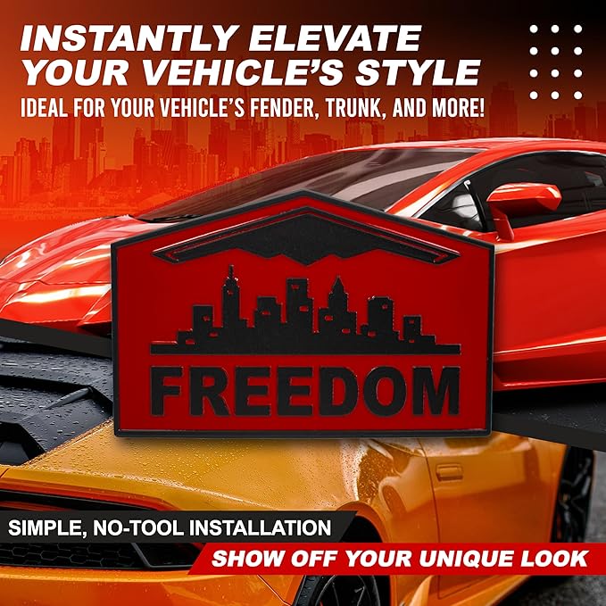 Freedom Emblem, Custom Metal Alloy B-2 Stealth Badge, Exterior Automotive Accessories, Universal Fit for Car, Truck, SUV (Red)