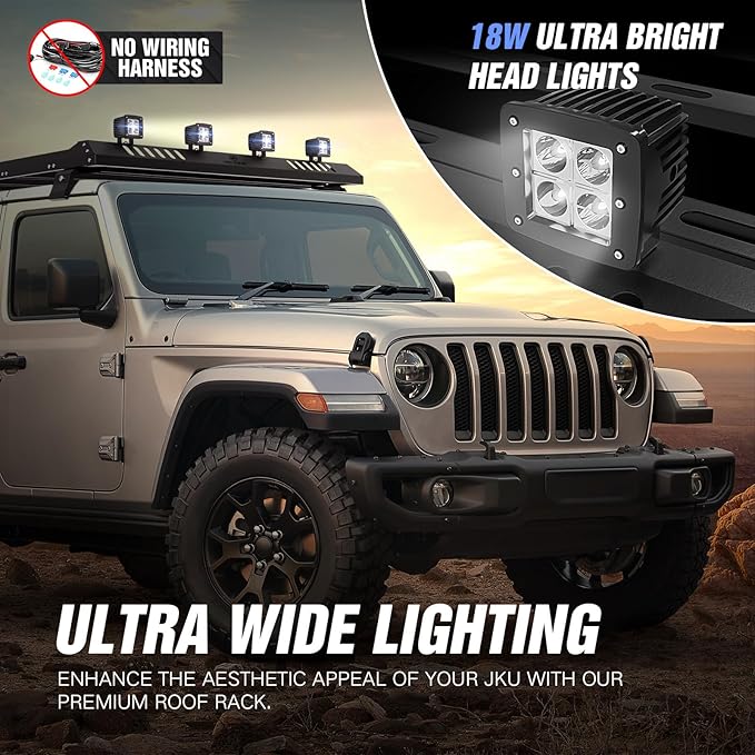 Roof Rack Cargo Basket with 4 PCS LED Light Bar Compatible for 2007-2025 Jeep Wrangler JK JL Unlimited & Gladiator JT 4 Door Hardtop, JKU JLU Luggage Rooftop Storage Carrier (Since 1941)