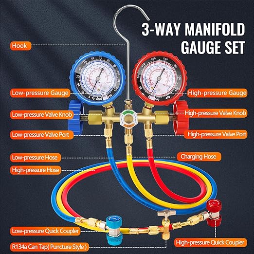 4.5 CFM AC Vacuum Pump and Gauge Set,for Mini Split/HVAC/Auto Systems,Manifold Gauge Kit Compatible with R134a R12 R22 R502,Includes R134a Can Tap,R410a Adapters