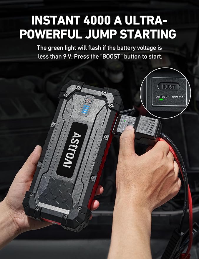 AstroAI S8 Ultra 4000A Peak Jump Starter,Up to All Gas/12L Diesel Engine,24000mAh Portable Car Battery Jump Starter,Rugged 12V Battery Pack with 2-Way Quick Charger,LED Light, Jumper Cables(Red)